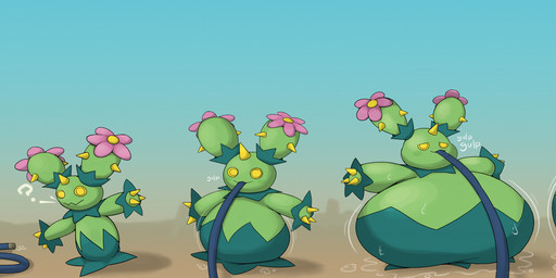 belly big_belly blue_sky female feral green_body hose hose_inflation huge_belly inflation outside sky solo shweetmagnet nintendo pokemon generation_5_pokemon maractus pokemon_(species) 2023 absurd_res hi_res long_image wide_image