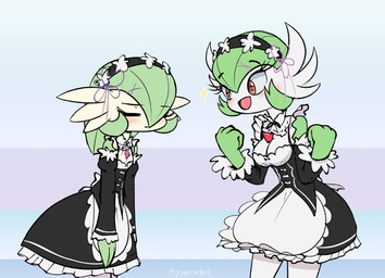 ambiguous_gender blush breasts clothed clothing dress duo embarrassed eyes_closed female happy maid_uniform not_furry open_mouth pink_blush simple_background slim smile standing uniform zedrin nintendo pokemon re:zero gardevoir generation_3_pokemon humanoid pokemon_(species) 2018 digital_media_(artwork) hi_res