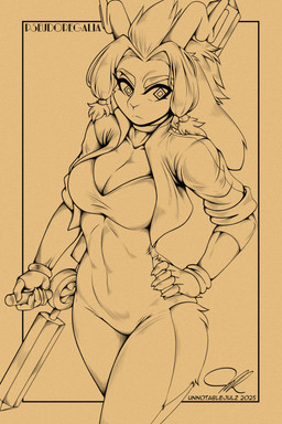abs accessory anthro antlers big_breasts bracelet breasts cleavage clothed clothing cropped_jacket diamond_eyes dream_breaker_(pseudoregalia) eyebrows eyelashes female floppy_ears fur hair hair_accessory hair_ring hand_on_hip high-angle_view holding_object holding_weapon horn jewelry leotard lop_ears muscular muscular_anthro muscular_female solo text thick_eyebrows thick_thighs weapon wide_hips unnotablejulz pseudoregalia sybil_(pseudoregalia) bovid caprine goat jackalope lagomorph mammal 2025 artist_name dated digital_media_(artwork) hi_res line_art monochrome sepia signature