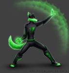 anthro black_nose bodysuit clothing fur green_body green_eyes green_fur grin male simple_background skinsuit smile solo superhero superpowers teeth tight_clothing la_volpe loonatics_unleashed looney_tunes warner_brothers tech_e._coyote canid canine canis coyote mammal 2013