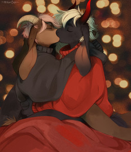 ambiguous/ambiguous ambiguous_gender anthro arms_around_partner bed_sheet bedding black_body black_fur blue_hair blurred_background brown_body brown_fur clothed clothing duo eyes_closed fur hair holidays horn kissing lights pink_hair red_horn sweater topwear white_hair white_horn mellonbun new_year bovid caprine goat mammal hi_res