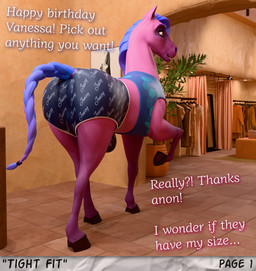 blue_hair bottomwear bra brown_eyes clothing crotch_breasts dialogue female feral fur hair inside pink_body pink_fur shorts solo sports_bra store teat_bra teats text underwear whorse_3d equid equine horse mammal 3d_(artwork) absurd_res blender_(artwork) digital_media_(artwork) hi_res