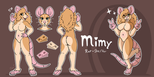anthro big_ears buckteeth cheese claws dairy_products food furless_tail gynomorph hair intersex long_hair mimy_(mintyfoxxe) rat_tail solo tail teeth whiskers noriquatic mammal murid murine rat rodent 2:1 absurd_res hi_res model_sheet