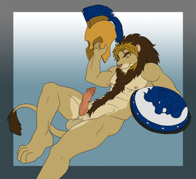 4_toes animal_genitalia anthro armor athletic athletic_anthro athletic_male balls biped body_hair brown_body brown_fur brown_hair brown_mane chest_hair erection feet fur genitals hair happy_trail headgear helmet holding_object male mane nipples nude penile_spines penis reclining shield solo tail toes vein warrior holly_marie_ogburn marcus_(hyenafur) felid lion mammal pantherine