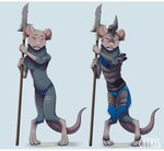 anthro armor biped bladder_bulge blue_background blue_clothing blue_underwear blush bodily_fluids claws clothed clothing ear_piercing eyes_closed feet fur genital_fluids grey_body grey_fur headgear helmet hindpaw male melee_weapon omorashi paws piercing pink_inner_ear polearm rodent_tail simple_background solo spear standing text toe_claws topless underwear urine urine_pool weapon wet wet_clothing wet_underwear wetting yellow_urine citris mammal rodent artist_name digital_media_(artwork) full-length_portrait letterbox portrait shaded