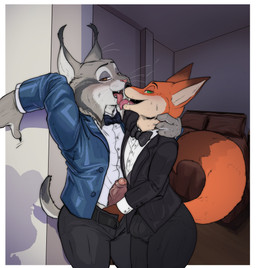 anthro anthro_on_anthro bedroom belt big_bulge big_penis black_belt black_bottomwear black_bow_tie black_claws black_clothing black_jacket black_pants black_topwear blue_clothing blue_jacket blue_topwear border bottomwear bow_tie brown_body brown_eyes brown_fur bulge claws clothing collared_shirt dipstick_tail dress_shirt duo erection french_kissing fur genitals glans green_eyes grey_body grey_fur humanoid_genitalia humanoid_penis interspecies jacket kissing licking_tongue looking_at_viewer male male/male markings neck_grab offscreen_character open_belt orange_body orange_fur pants penis pink_glans pointy_ears prick_ears pupils purple_penis shirt suit_jacket tail tail_markings tan_body tan_fur topwear whiskers white_border white_clothing white_shirt white_topwear teastuff disney zootopia nick_wilde pawbert_lynxley canada_lynx canid canine felid feline fox lynx mammal red_fox true_fox 2026 absurd_res hi_res