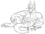 2014 anthro demon dragon erection forked_tongue genitals heart_symbol jackie_chan_adventures looking_at_viewer male mythological_creature mythological_scalie mythology orangecatslutz penis pose presenting presenting_penis scalie shendu solo spread_legs spreading tail tongue tongue_out
