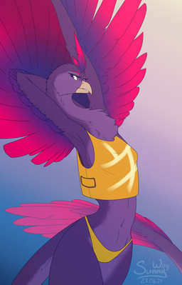 anthro breasts clothing equis_universe feathered_wings feathers female panties purple_eyes side_boob solo tail tail_feathers underwear wings sunny_way raven_cayden ferimgari 2021 digital_drawing_(artwork) digital_media_(artwork) hi_res