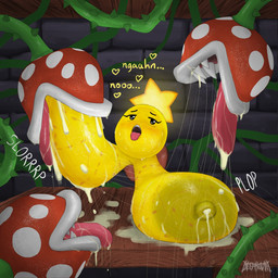 areola big_breasts bite_mark blush bodily_fluids breast_in_mouth breast_play breast_suck breastfeeding breasts dialogue female half-closed_eyes heart_symbol huge_breasts hyper hyper_breasts lactating long_breasts milk narrowed_eyes nipples open_mouth pendulous_breasts plant sagging_breasts saliva saliva_string sucking text tongue tongue_out vines deepmovth mario_and_luigi_(series) mario_bros nintendo starlow elemental_creature flora_fauna piranha_plant star_sprite waddling_head 1:1 hi_res