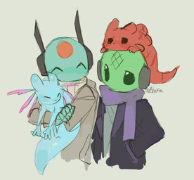 ambiguous_gender antennae_(anatomy) black_eyes blue_body clothing feral green_body head_markings jacket machine markings red_body scarf tail topwear alretta rain_world videocult hunter_(rain_world) looks_to_the_moon_(rain_world) no_significant_harassment_(rain_world) rivulet_(rain_world) humanoid iterator_(rain_world) robot robot_humanoid slugcat hi_res signature