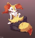 2016 absurd_res anthro blush braixen breasts canid canine female foxteru fur generation_6_pokemon genitals hi_res inner_ear_fluff looking_at_viewer mammal nintendo nipples nude pokemon pokemon_(species) pussy red_eyes simple_background solo tuft white_body white_fur yellow_body yellow_fur