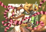 5_fingers anthro athletic athletic_anthro athletic_female athletic_male black_nose border dancing duo female fingers fluffy fluffy_tail front_view green_border leaf male male/female melee_weapon open_mouth romantic romantic_couple simple_background snout sword sword_on_back tail weapon peta_hewitt terinu melika rufus_(peta_hewitt) canid canine fox mammal half-length_portrait portrait