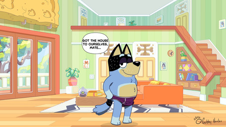 anthro barefoot baseboard bedroom_eyes blue_body blue_fur bodily_fluids briefs briefs_only bulge clothed clothing detailed_background dialogue erection erection_under_clothing eyebrows feet floor fur genital_fluids hands_on_hips inside inviting looking_at_viewer male mature_anthro mature_male multicolored_body multicolored_fur narrowed_eyes one_eye_closed precum precum_through_briefs precum_through_clothing precum_through_underwear purple_clothing purple_underwear seductive shadow smile solo stairs standing style_emulation talking_to_viewer tenting text toony topless topless_anthro topless_male tuft underwear underwear_only wall_(structure) wet wet_briefs wet_clothing wet_underwear wink wood wood_floor gobbyheeler bluey_(series) bandit_heeler australian_cattle_dog canid canine canis cattledog domestic_dog herding_dog mammal pastoral_dog 16:9 2025 draw_over english_text hi_res signature widescreen