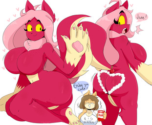 anthro arm_support big_breasts big_butt biped breasts brown_hair butt cherry clothed clothed_anthro clothed_female clothing countershade_face countershade_hands countershade_torso countershading dairy_products dialogue duo emanata exclamation_point eyebrow_through_hair eyebrows eyelashes featureless_breasts female food fruit fur gesture hair heart_symbol huge_breasts huge_butt nude nude_female nude_humanoid open_mouth pawpads pink_body pink_hair plant rear_view solo_focus speech_bubble tan_body tan_fur text translucent translucent_hair waving whipped_cream yellow_sclera jinu june_(jinu) kyoob_(thegentlebro) canid canine canis domestic_dog humanoid mammal mimic shiba_inu spitz 2018 digital_drawing_(artwork) digital_media_(artwork) english_description english_text hi_res portrait three-quarter_portrait
