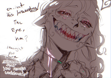 ambiguous_gender blood bodily_fluids clothed clothing curly_hair dialogue disembodied_hand duo ears_down glowing glowing_eyes gore hair holding_knife holding_object humanoid_pointy_ears knife knife_to_throat long_hair male mostly_offscreen_character not_furry open_mouth open_smile painless_gore pivoted_ears pointy_ears sharp_teeth shirt simple_background smile teeth text topwear wounded blackberreh the_magnus_archives gerard_keay michael_shelley the_distortion entity_(tma) humanoid mammal spiral_(tma) absurd_res digital_media_(artwork) hi_res sketch