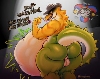 abdominal_bulge ambiguous_gender anthro balls belly big_belly bodily_fluids butt clothing cowboy_hat food genitals green_body hat headgear headwear heart_symbol huge_belly jester male mostly_nude multiple_prey muscular overweight patreon_logo rear_view rumbling_stomach saliva solo standing tail text toothy_grin vore white_body yellow_body sassylebraix glitch_productions patreon the_amazing_digital_circus evil_gummigoo_(tadc) gummigoo_(tadc) pomni_(tadc) crocodile crocodilian food_creature humanoid reptile scalie 2026 absurd_res artist_name english_text hi_res female_(lore)