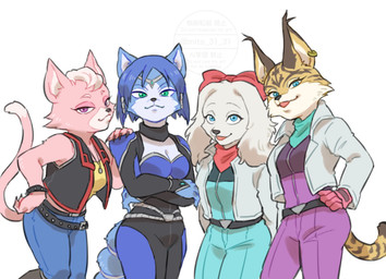 accessory anthro black_nose blue_body blue_eyes blue_fur bow_ribbon breasts centered_hair_bow clothing crossed_arms ear_piercing ear_ring female fur group hair_accessory hair_bow hair_ribbon hand_on_hip hand_on_shoulder jacket looking_at_viewer orange_body orange_fur piercing pink_body pink_eyes pink_fur ribbons ring_piercing scarf simple_background smile topwear white_background white_body white_clothing white_fur white_jacket white_topwear mito_31_31 nintendo star_fox fay_(star_fox) katt_monroe krystal_(star_fox) miyu_(star_fox) bird_dog canid canine canis domestic_cat domestic_dog felid feline felis fox hunting_dog lynx mammal spaniel