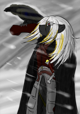 ambiguous_gender anthro armor belt cape cloak clothing domestic_pet duo eyewear feral gauntlets glasses gloves handwear headwind male melee_weapon outside snow snowing sword weapon wind winter makarimorph zhet_illuma avian bird corvid corvus_(genus) crow felid mammal oscine passerine digital_media_(artwork) hi_res