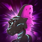 anthro black_body female glowing glowing_markings horn markings pink_fins simple_background solo tattered_fins dahiras kathai lizard reptile scalie 1:1 hi_res