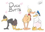 anthro beak black_body black_feathers butt clothing feathers group hat hat_only headgear headgear_only headwear headwear_only male monobutt mostly_nude nude rear_view scarf scarf_only tail tail_feathers text trio white_body white_feathers topi_(artist) alfred_j._kwak_(series) disney looney_tunes warner_brothers alfred_j._kwak daffy_duck donald_duck anatid anseriform avian bird duck digital_media_(artwork) english_text hi_res