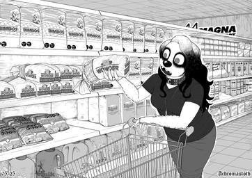 anthro biped black_hair brand_parody bread breasts choker claws clothed clothed_anthro clothed_female clothing collar detailed_background female female_anthro food fur hair inside jewelry long_hair medium_breasts necklace open_mouth parody perspective shopping_cart solo spiral spiral_eyes supermarket teeth text three-quarter_view achromasloth bimbo_(bakery) cinnamon_toast_crunch folgers_coffee murrlogic1 nesquik wonder_bread vicky_(lazzzy_drawings) mammal monster pilosan sloth xenarthran 2025 artist_name digital_drawing_(artwork) digital_media_(artwork) english_text greyscale hi_res monochrome