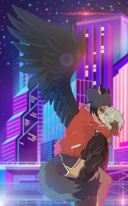 anthro black_body black_feathers black_fur blue_body blue_fur blue_hair brown_body brown_fur city clothed clothing duo eyes_closed feathers female fingers fluffy fluffy_tail fur hair hug human_on_anthro interspecies jacket kissing male male/female male_on_anthro multicolored_body multicolored_fur multicolored_hair short_hair tail topwear white_hair osnach_kristina brand_new_animal studio_trigger michiru_kagemori shirou_ogami canid canine human mammal raccoon_dog tanuki hi_res