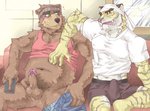 anthro belly blush bulge clothed clothing duo embarrassed erection erection_under_clothing genitals humanoid_genitalia humanoid_hands humanoid_penis kemono male male/male muscular navel penis shirt sitting slightly_chubby topwear underwear ryuta-h bear felid mammal pantherine tiger 2006 archived_source