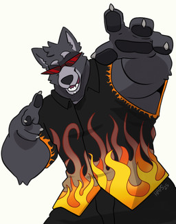 anthro black_bottomwear black_clothing black_nose black_pants black_shirt black_topwear bottomwear claws clothing collared_shirt dress_shirt eyewear finger_gun flame_pattern fur gesture grey_body grey_fur hand_gesture male pants pawpads shirt simple_background solo sunglasses teeth topwear white_background haps adastra adastra_(series) echo_project amicus_(adastra) guy_fieri canid canine canis mammal wolf 2026 hi_res