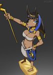 5_fingers ankh anthro barefoot black_hair blue_eyes breasts brown_body brown_fur clothed clothing egyptian feet female fingers fur hair hand_on_hip holding_object jewelry navel smile solo standing teramegagiga egyptian_mythology middle_eastern_mythology mythology zenonzard anbs-02 anubis canid canine canis deity jackal mammal 2020 hi_res