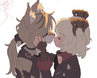 accessory anthro arm_tuft blush blush_stickers breasts cleavage cleavage_cutout clothed clothing cutout duo ear_tuft eyes_closed face_to_face female female/female fingerless_gloves fur gloves hair_accessory hand_on_partner's_face handwear holding_partner imminent_kiss inner_ear_fluff jacket leather leather_clothing leather_jacket leather_topwear light pigtails romantic romantic_couple shoulder_tuft simple_background smile topwear tuft twintails_(hairstyle) yellow_body yellow_fur mangedugruau mihoyo zenless_zone_zero burnice_white pulchra_fellini felid feline human mammal thiren 2025 hi_res lighting sketch