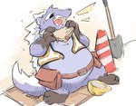 anthro armor belly eating food hard_hat headgear helmet kemono male overweight overweight_male shovel sitting solo tools rexery_truffle tails_of_trainspot toby_(tails_of_trainspot) crab-eating_mongoose herpestid mammal mongoose 2023 hi_res