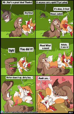 after_sex animal_genitalia animal_penis anthro balls bedroom_eyes black_body black_fur blush bodily_fluids breath brown_body brown_ear_tips brown_fur brown_tail_tip canine_genitalia canine_penis clitoris cum cum_from_vagina cum_in_vagina cum_inside cunnilingus dialogue dipstick_ears dipstick_tail ear_markings erection feet felching female female_penetrated feral feral_on_feral feral_penetrated feral_penetrating feral_penetrating_feral fingerless_(marking) fur genital_fluids genitals group heart_symbol humanoid_genitalia humanoid_genitalia_on_feral humanoid_vulva humanoid_vulva_on_feral inner_ear_fluff interspecies knot knotted_penis knotting licking licking_lips licking_own_lips male male/female male_penetrating male_penetrating_female markings multicolored_ears narrowed_eyes oral outside_sex panting pawpads penetration penile penile_penetration penis penis_in_vagina pink_pawpads plant pull_out seductive sex shrub tail tail_markings text toeless_(marking) tongue tongue_out trio tuft unknotting vaginal vaginal_fluids vaginal_fluids_on_penis vaginal_knotting vaginal_penetration vulva yellow_body yellow_fur fuf amber_(fuf) elliot_(fuf) flint_(fuf) canid canine fennec_fox fox mammal mustelid musteline true_fox true_musteline weasel absurd_res comic english_text hi_res