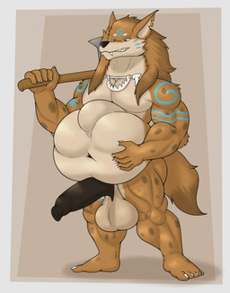anthro axe balls belly big_balls big_belly big_penis black_nose black_penis brown_body brown_fur erection fangs foreskin fur genitals humanoid_genitalia humanoid_penis jewelry long_foreskin male male_pred markings muscular muscular_male necklace nude pecs penis solo teeth unretracted_foreskin vore rokie38 gnoll hyena mammal hi_res