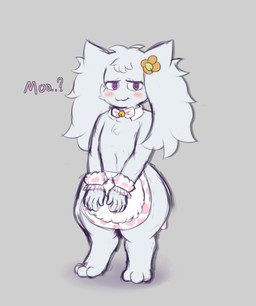 ambiguous_gender animal_print anthro apron apron_only bell bell_collar blush bow_tie clothing collar cow_print flower_accessory looking_at_viewer simple_background solo standing text anonymous_artist cave_story lagomorph mammal mimiga absurd_res hi_res
