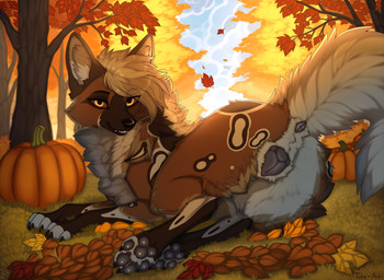 animal_genitalia animal_vulva anus autumn brown_body brown_fur canine_genitalia canine_vulva detailed_background female female_feral feral food forest fruit fur genitals grass leaf looking_at_viewer looking_back lying maple_leaf nature nature_background paws plant presenting pumpkin solo tail tree vulva a.o.kigahara_(artist) taka_(artist) maeve_(feral_hedgehog) african_wild_dog awdeen canid canine canis hybrid hyena mammal artist_collaboration digital_media_(artwork) hi_res