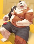 anthro belly black_body black_fur blush bodily_fluids bottomwear brown_body brown_fur bulge clothing fur humanoid_hands kemono male moobs musclegut muscular nipples one_eye_closed overweight overweight_anthro overweight_male shorts sitting solo sweat white_body white_fur wink mti777 bear brown_bear giant_panda hybrid mammal ursine 2020 hi_res