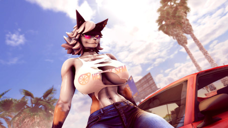 anthro bodily_fluids bottomwear breasts car choker clothing denim denim_bottomwear denim_clothing ear_piercing ear_ring eyewear female glasses hat headgear headwear heterochromia jeans jewelry lens_flare looking_at_viewer necklace palm_tree pants piercing plant ring_piercing side_boob sitting sitting_on_car solo sun sweat torn_clothing tree vehicle visor_cap heresy_sfm ludexus_(modeler) epic_games fortnite fortnite:_battle_royale wolfie_(fortnite) canid canine canis mammal wolf 16:9 3d_(artwork) digital_media_(artwork) widescreen