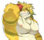 anthro bandage big_pecs blonde_hair grin hair hand_on_head kemono looking_at_viewer male muscular muscular_anthro muscular_male nipples pecs pink_nipples pink_nose simple_background smile solo teeth white_background kira_nerisu lifewonders tokyo_afterschool_summoners macan_(tas) felid mammal pantherine tiger 2017