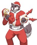 anthro blush bottomwear bulge carrying_another christmas_clothing christmas_headwear clothing duo female hat headgear headwear holidays kemono male pants santa_hat simple_background white_background kuma_(pixiv_881259) kumadasi christmas canid canine canis human mammal wolf 2009 hi_res