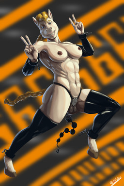 abs abstract_background anal anal_beads anal_penetration anthro armwear balls blonde_hair blue_eyes bodily_fluids braided_hair braided_tail chain chastity_cage chastity_device clothing cuff_(restraint) flat_chastity_cage genital_fluids genitals gesture grin gynomorph hair hand_gesture intersex legwear muscular muscular_gynomorph muscular_intersex nipple_piercing nipples penetration piercing precum restraints sex_toy smile solo stockings tail urethral urethral_penetration v_sign white_body gemuseachmed equid equine horse mammal 2:3 absurd_res hi_res