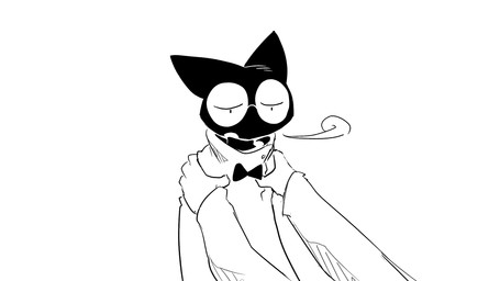 ambiguous_gender anthro bow_tie clothing coat duo eyewear glasses holding_shoulder lab_coat male sigh tired topwear dragonweirdo gytras_(dragonweirdo) kimera_(dragonweirdo) canid canine canis domestic_cat felid feline felis mammal wolf 16:9 hi_res monochrome widescreen