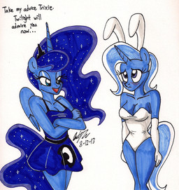2013 animal_ears anthro anthrofied blue_eyes blue_hair blush bunny_costume bunny_suit cleavage clothed clothing crown dress duo elbow_gloves equine female friendship_is_magic gloves hair horn horse mammal my_little_pony newyorkx3 plain_background plain_backround pony princess_luna_(mlp) purple_eyes rabbit_ears sparkles trixie_(mlp) two_tone_hair unicorn white_background white_hair winged_unicorn wings
Rating: Safe
Score: 4
User: 2DUK
Date: August 13, 2013