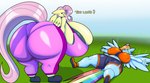 anthro big_breasts big_butt biped blue_body breast_size_difference breasts butt camel_toe clothed clothing dialogue digital_media_(artwork) duo equid equine eyelashes female fluttershy_(mlp) friendship_is_magic hair hasbro hi_res huge_breasts huge_butt hyper hyper_breasts lying mammal my_little_pony mythological_creature mythological_equine mythology on_back pegasus pink_hair rainbow_dash_(mlp) text thiccbuns thick_thighs venus_figure wings yellow_body