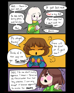 ambiguous_gender blue_clothing blue_sweater blue_topwear clothing dialogue fur green_clothing green_sweater green_topwear long_ears pattern_clothing pattern_sweater pattern_topwear simple_background striped_clothing striped_sweater striped_topwear stripes sweater text topwear white_body white_fur renrink undertale undertale_(series) asriel_dreemurr chara_(undertale) frisk_(undertale) boss_monster_(undertale) bovid caprine human mammal 4:5 absurd_res comic english_text hi_res