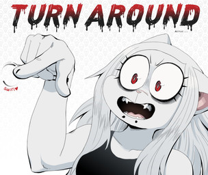 5_fingers anthro black_clothing black_shirt black_tank_top black_topwear breasts clothing facial_piercing fangs female fingers fur gesture hair lip_piercing long_hair open_mouth pattern_background piercing pink_inner_ear pink_tongue red_eyes requesting sharp_teeth shirt simple_background snakebite_piercing solo tank_top teeth text tongue topwear white_background white_body white_fur white_hair valavari valyrie_alvarose_(valavari) american_shorthair domestic_cat felid feline felis mammal 2023 english_text hi_res trans_(lore) trans_woman_(lore)