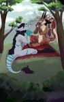 5:8 anthro bent_legs castle dragon duo food hi_res king_chulapa male male/male mythological_creature mythological_scalie mythology outside picnic picnic_blanket plant sandwich_(food) scalie sergal sitting spread_legs spreading tail tail_tuft tree tuft unknown_artist