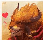 anthro blonde_hair brown_body brown_fur double_ear fur hair happy heart_symbol horn male orange_eyes simple_background solo stripes teeth whiskers charr_starz guild_wars milo_goldenheart charr felid mammal