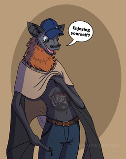 anthro bottomwear clothed clothing denim denim_bottomwear denim_clothing eyewear female glasses hat headgear headwear internal jeans male midriff oral_vore organs pants pawpads poncho stomach vore willing_pred willing_prey winged_arms wings x-ray_view shinktanoro milo_(slimyjaws) root avali bat mammal megabat hi_res