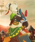 anthro beak carrying_another duo feathers male piggyback pouting white_body white_feathers wings young young_anthro sheep_riritoto breath_of_the_wild nintendo tears_of_the_kingdom the_legend_of_zelda kass_(tloz) tulin_(tloz) avian rito