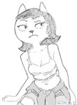 anthro bottomwear clothed clothing female hair pants shirt solo tank_top topwear torn_bottomwear torn_clothing torn_pants smekbo a_kitty_bobo_show cartoon_network maggie_(kitty_bobo) domestic_cat felid feline felis mammal 2017 monochrome